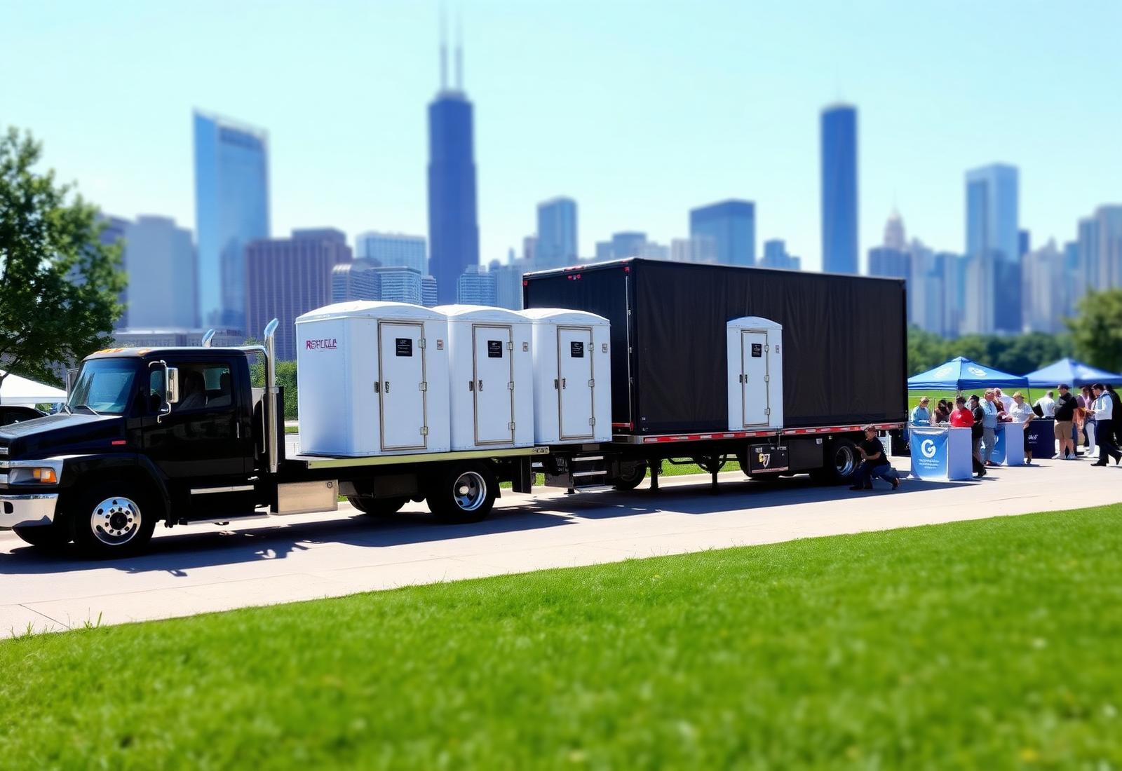 Delivery truck with restrooms in front of the Chicago skyline